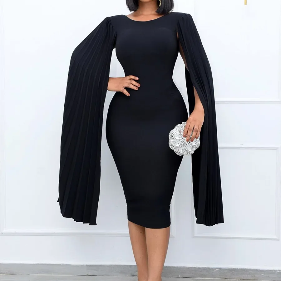 New Arrival Fashion Temperament Sexy Casual Slim Fit Office Dress Ruched Sleeved Solid Color Ol Mid Dress Women Clothing