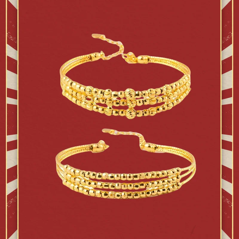 

9999 Real Gold 24K Niche High-end Three-circle Flash Bouncy Bead Bracelet Gold Light Luxury Three-line Laser Bouncy Bead