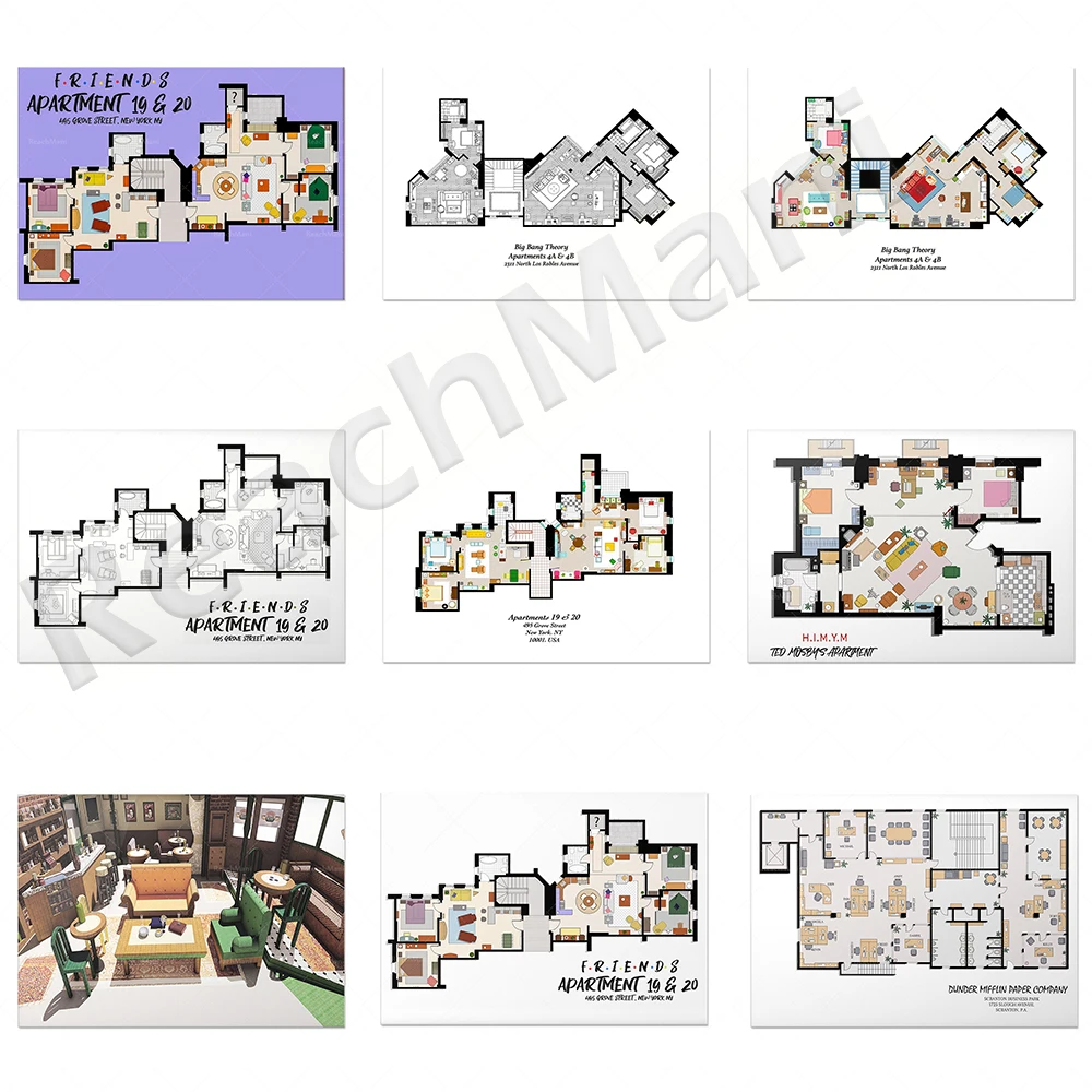 Apartment Floor Plan from TV Show Friends - Friends TV Show Layout - Office Wall Decor Graphic Design Graphic Poster Printing