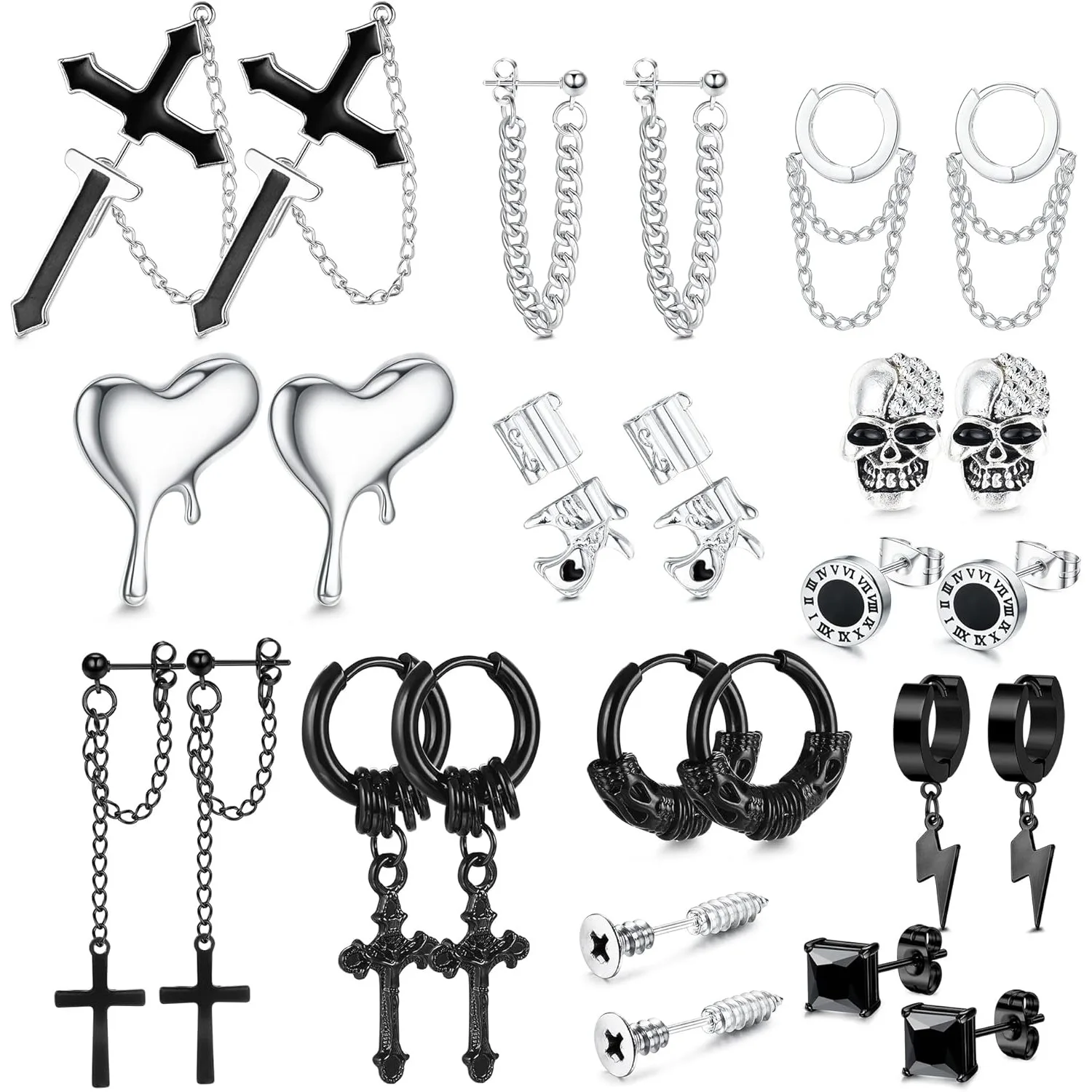 

Bobisty 13 Pairs Stainless Steel Punk Goth Black Earrings for Women Men Axe Skull Hoop Chain Piercing Jewelry for Halloween