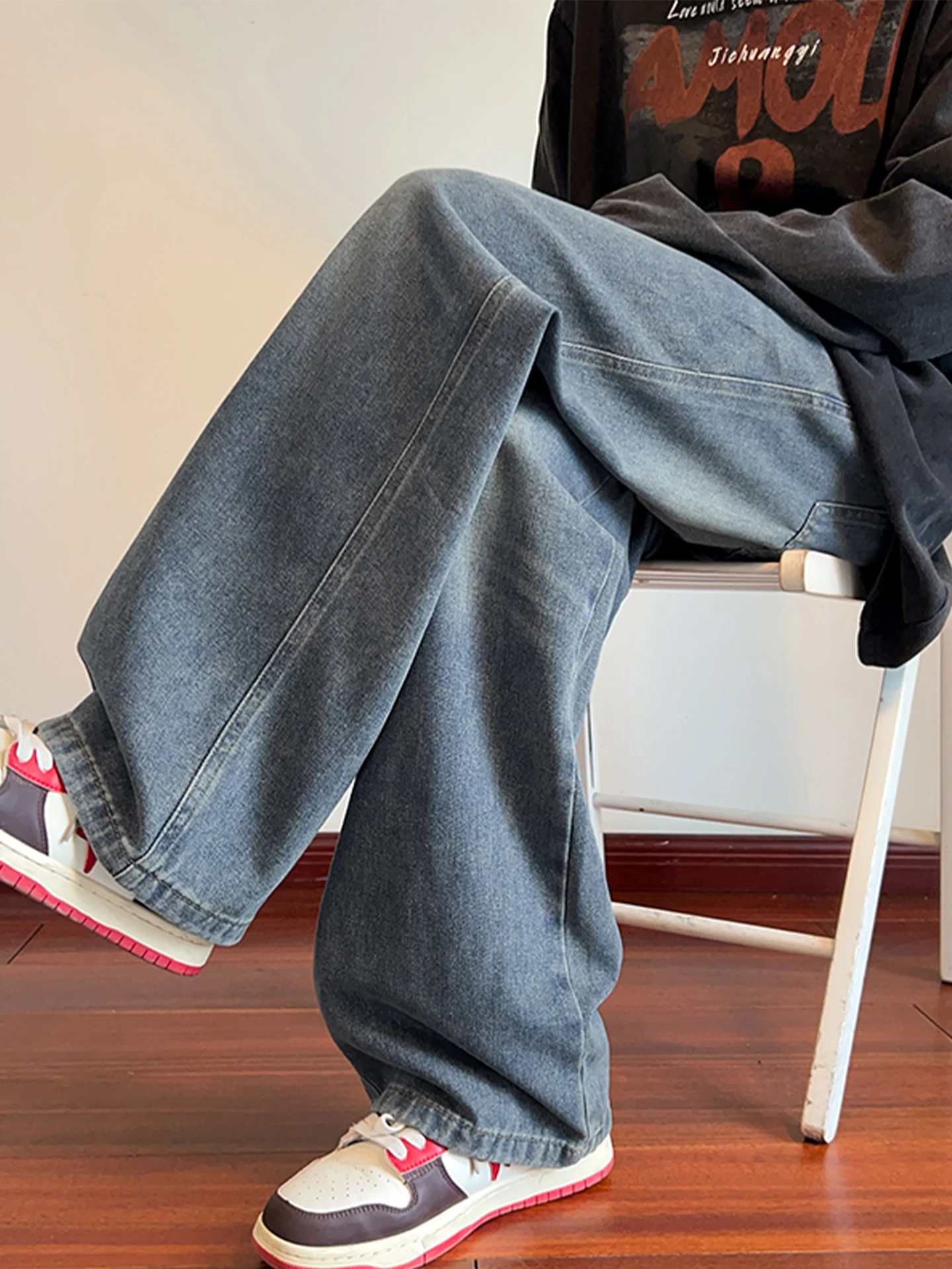 

Мужские джинсы с волнистым узором в стиле ретро, свободные повседневные прямые джинсы, осенние модные брендовые прямые брюки большого размера для отдыха