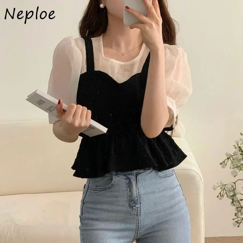 Neploe Early Spring Vintage Blusas Mujer De Moda 2024 O Neck Contrast Color Patchwork Blouses Fake Two Piece Puff Sleeve Shirts