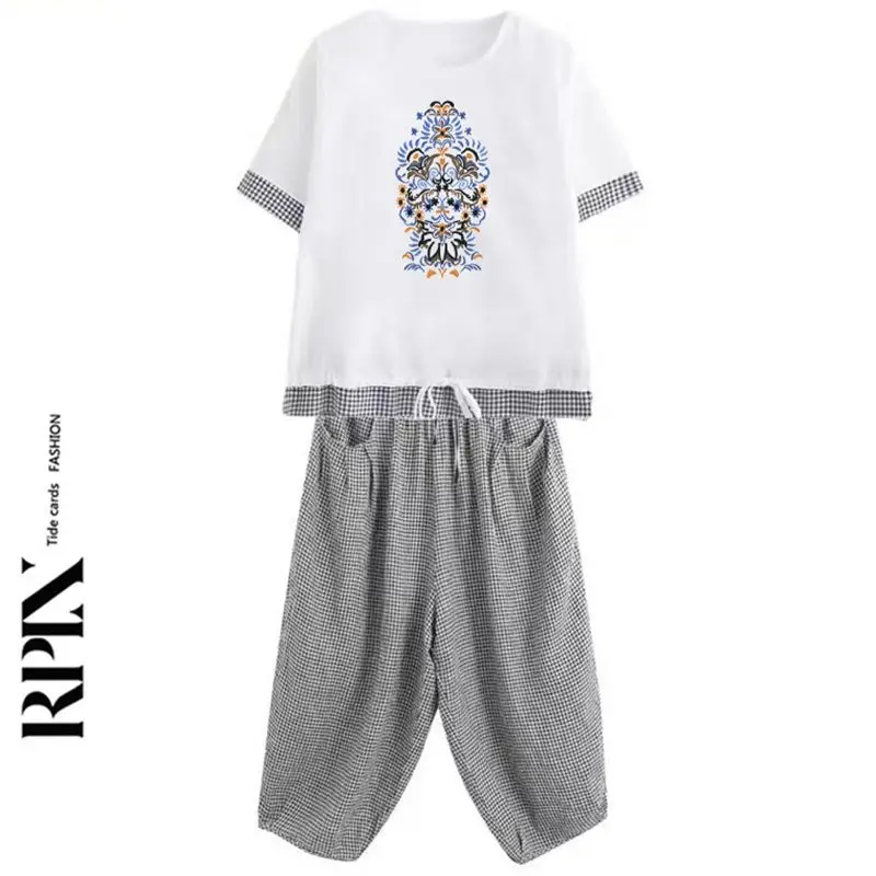 Conjuntos de correspondência de moda folk verão novo solto oversized linho xadrez terno de duas peças feminino shirring conjuntos de cintura elástica jj736