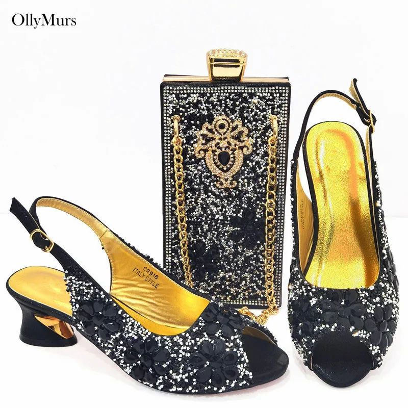 

Nigerian Elegant Rhinestone Black Ladies Shoes And To Match Bag Set New African Style High Heels Shoes And Bag Set For Party