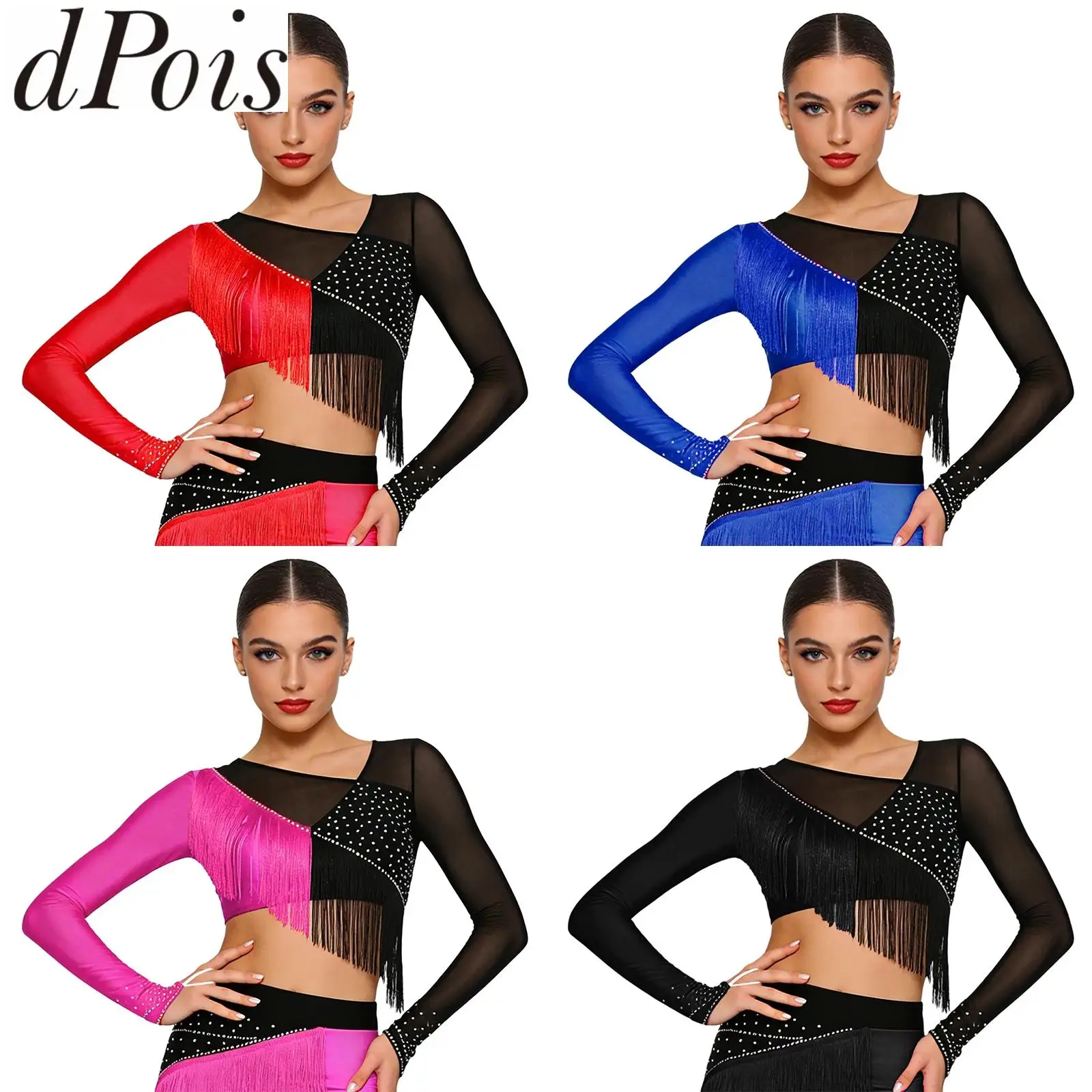 

Women Dance Performance Latin Cha-cha Rumba Salsa Tango Costume Long Sleeve Crop Top Sheer Mesh Patchwork Tassel Shirt Dancewear