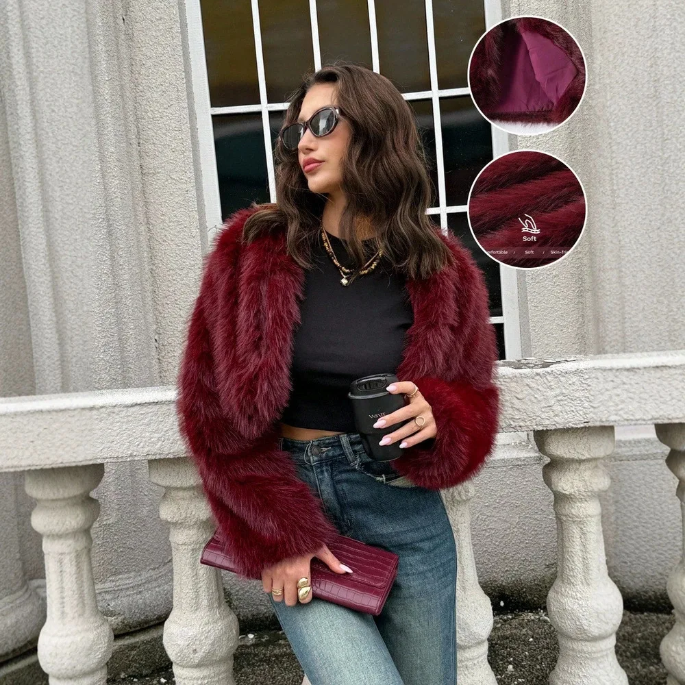 Faux Fur Jackets Women Elegant Short Coat Cardigan Warm Thick Outerwear Casual Jacket Streetwear Long Sleeve Solid Coats
