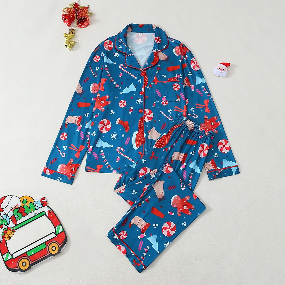 

2 шт., топы с длинными рукавами и лацканами, брюки, рождественский пижамный костюм с мультяшным принтом, удобная свободная одежда для дома, одежда для сна для вечеринок