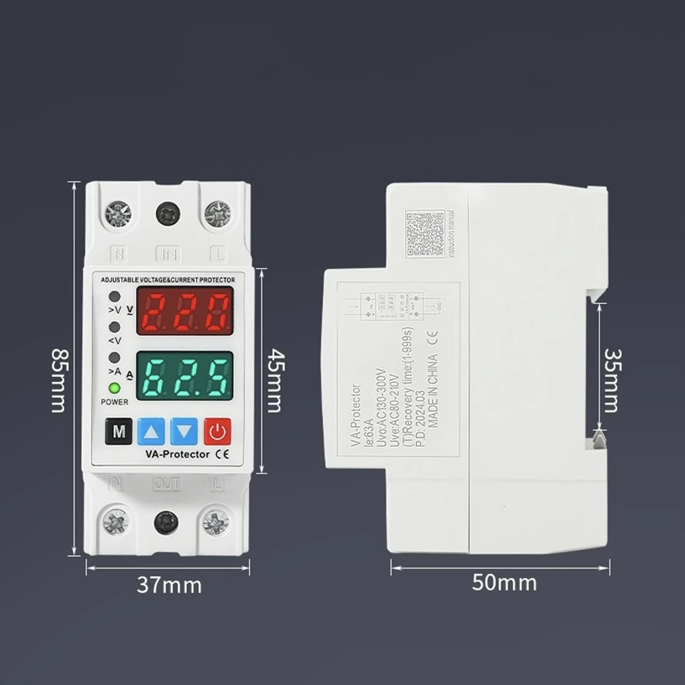 Din Rail Dual Display Adjustable Intelligent Over Voltage Current and Under Voltage Protective Device 40A 63A Protector Relay