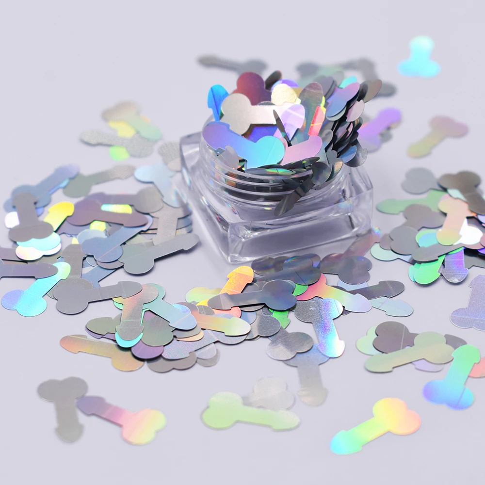 PrettyG 1 Box Small Penis Dicks Shape 8mm Holographic Glitter for Resin DIY Making Body Art Craft Makeup Decoration Accessories