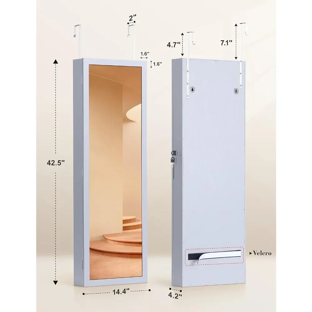 %a Nicetree 6 LEDs Mirror Jewelry Cabinet, Large Capacity Lockable Jewelry Armoire Organizer, Door or Wall Mounted Mirror