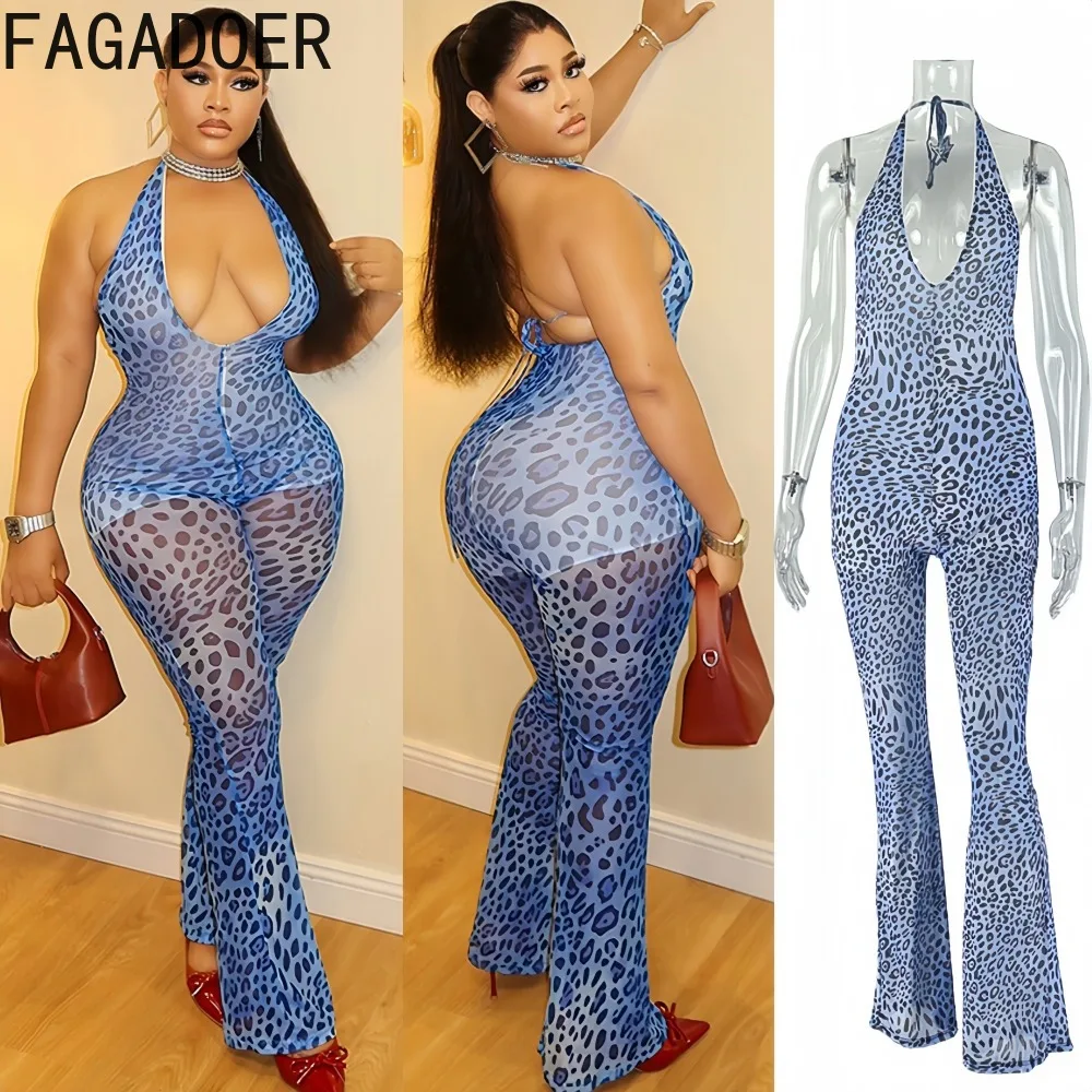 

FAGADOER весенние сексуальные лоскутные комбинезоны с леопардовым принтом для женщин, прозрачные комбинезоны с лямкой на шее и открытой спиной, женские уличные комбинезоны