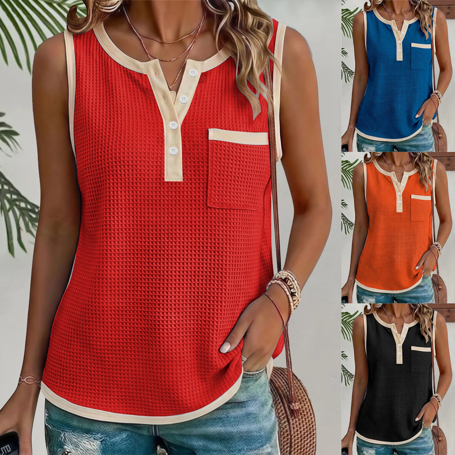 

Elegant Plus Size Solid Waffle Patchwork V-Neck Button Front Pocket Vest