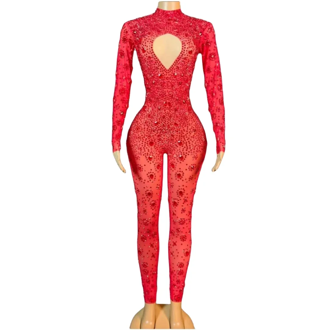 Red Crystals Rhinestone Jumpsuits For Women Stretch Night Club Pole Dance Costume Sexy Birthday Party Body Suits Drag Queen 2024