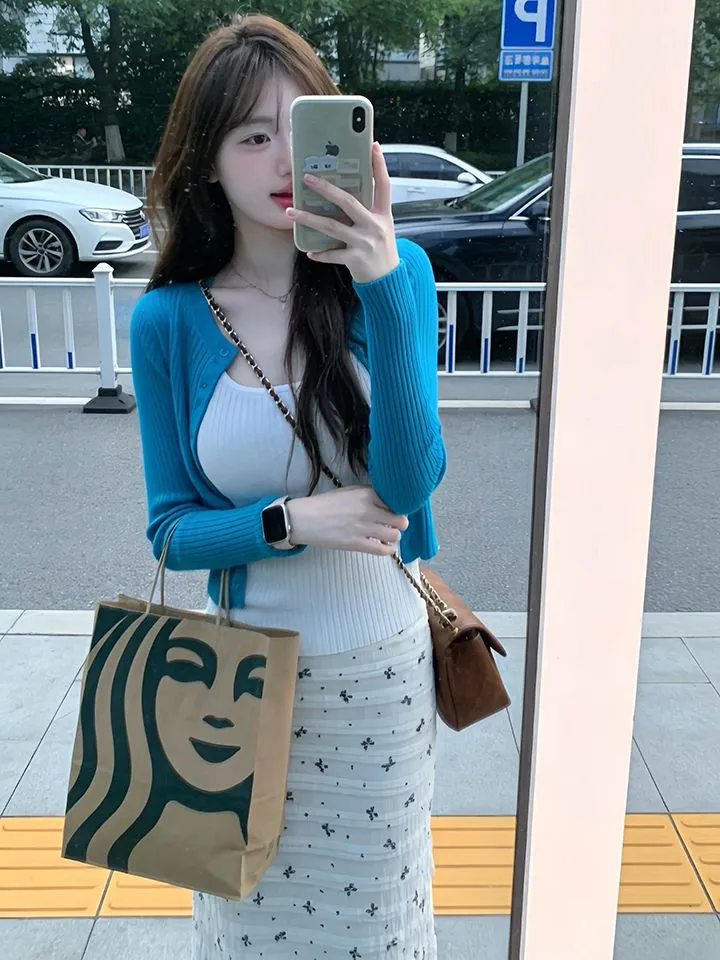 

Spring Early Blue Knitted Strap Cardigan Women's Inner Wear Short Style Two-Piece Set Korean Style Commute Fashion Casual Wear