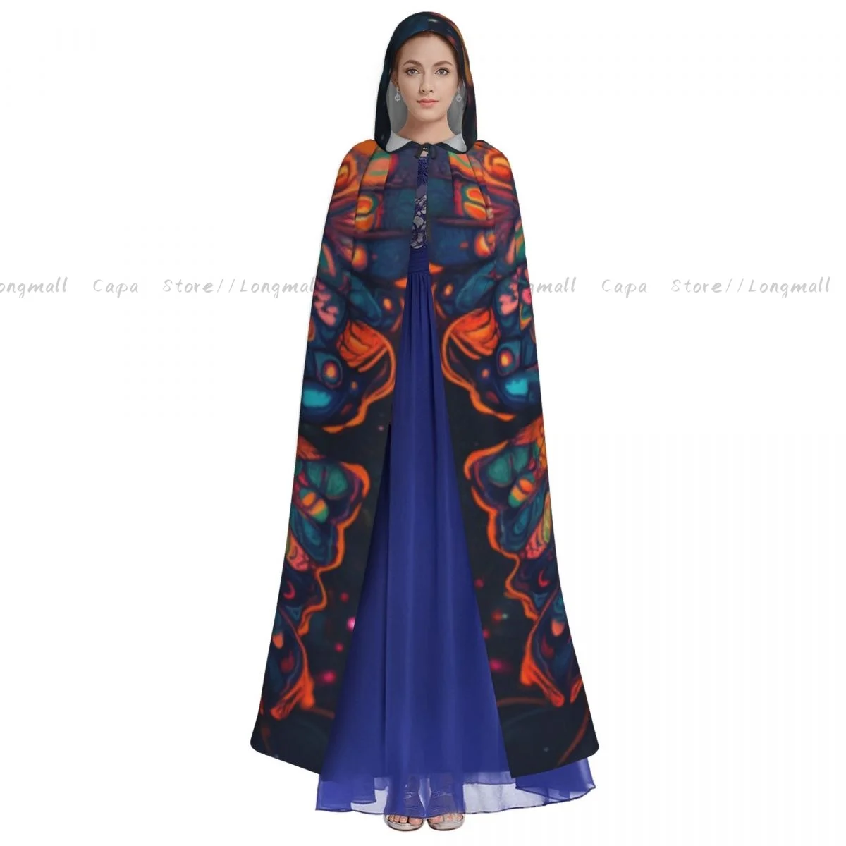 Adult Halloween Beautiful Butterfly Psychedelic Fractal Art Cloak Cape Hooded Medieval Costume Full Length Dress Coat