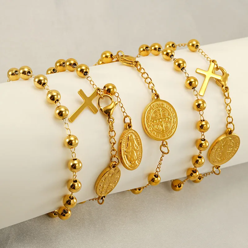 Stainless Steel Round Religious Charms 18K Gold Plated Virgin Mary Beaded Gold Bracelet for Women Hand Jewellry Bulk Sale