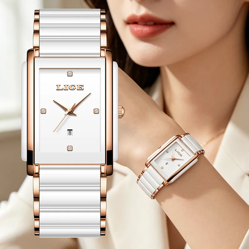 LIGE New Women Watches Elegant Ceramic Luxury Quartz Wristwatches Waterproof Date Fashion Gift For Ladies Watch Relojs Mujer+Box