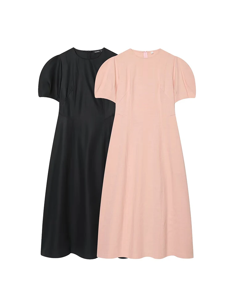 TFMLN Damenmode Midikleid O-Ausschnitt Puffärmel Kurze Ärmel Reißverschluss Schlankes Pendlerkleid Einfarbig Vielseitig Lässige Damenkleider