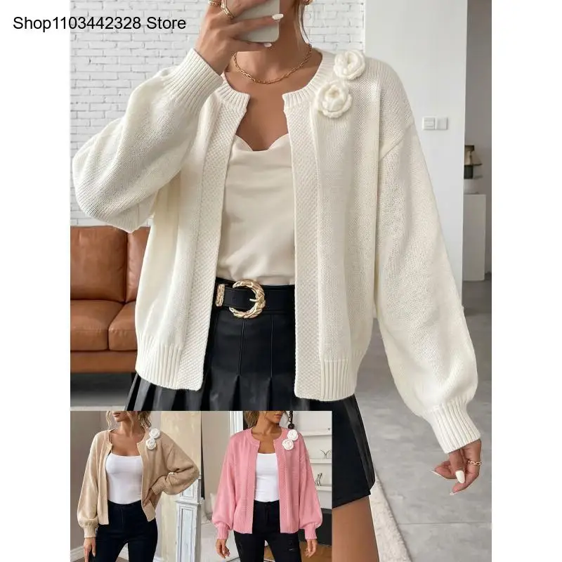 Women's High-End Elegant Monochrome Heavy Three-Dimensional Hand Crochet Flower Knitted Cardigan Jacket for Women