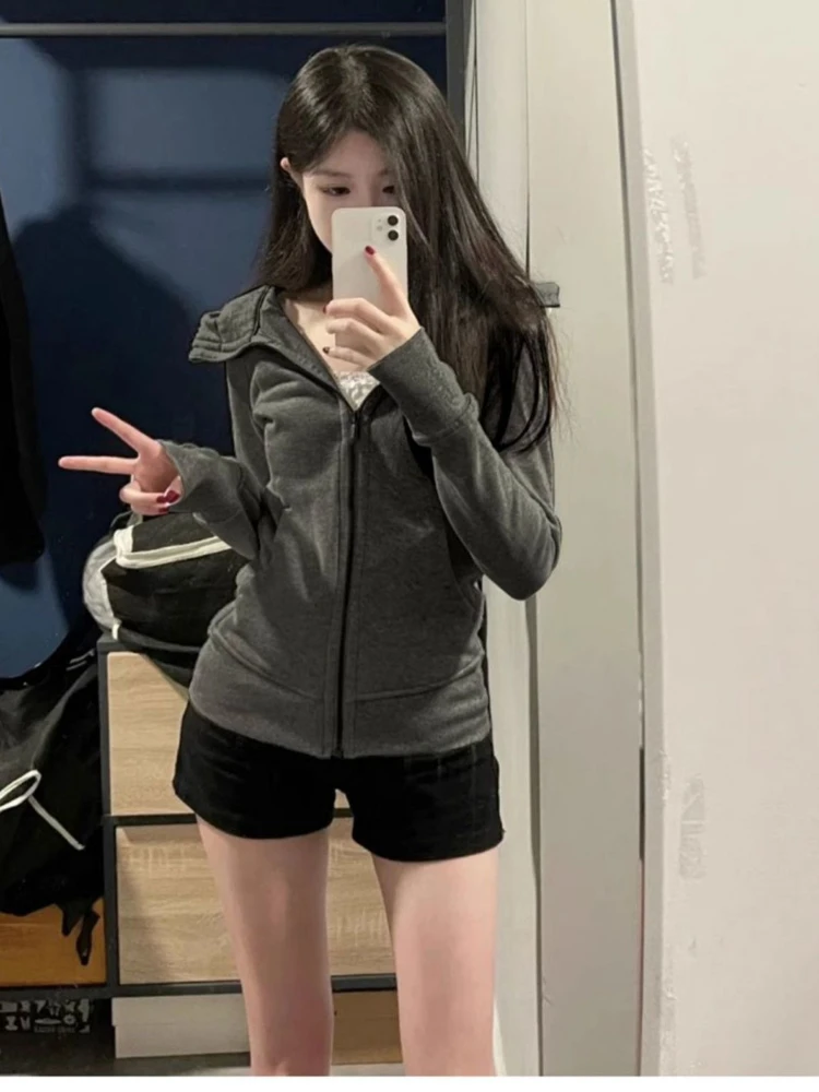 Ciemnoszara bluza z kapturem na zamek błyskawiczny w stylu amerykańskim, damska, jesienno-zimowa, sportowa, codzienna odzież uliczna, dopasowany krój, nowa kurtka/top.