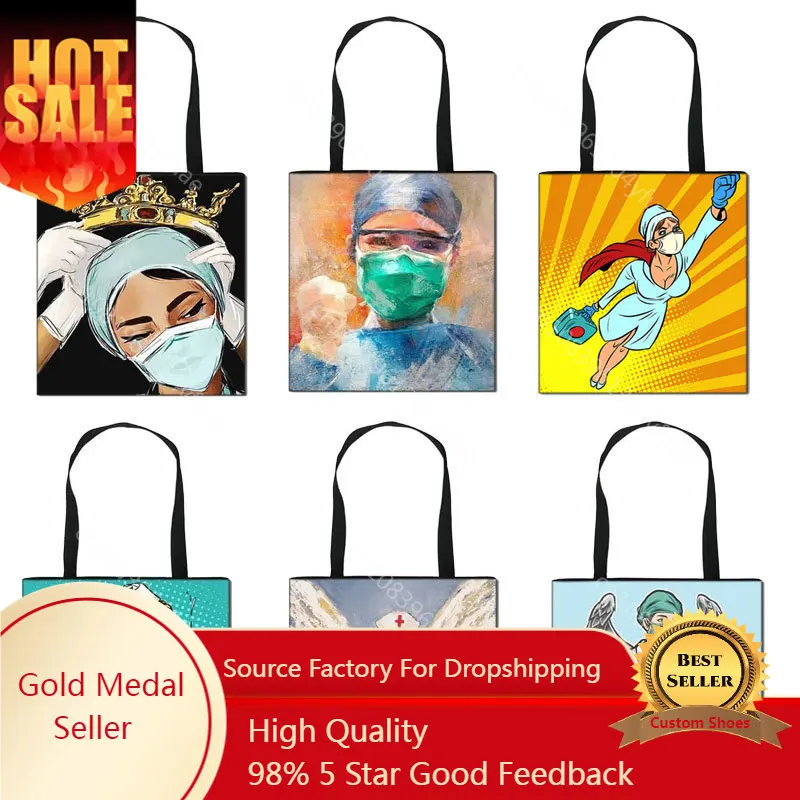 Thank You Doctor & Nurse Women Totes Nurse Angel with Wings Fashion Handbag Girls with Crown Canvas Shoulder Bag Shopping Bags