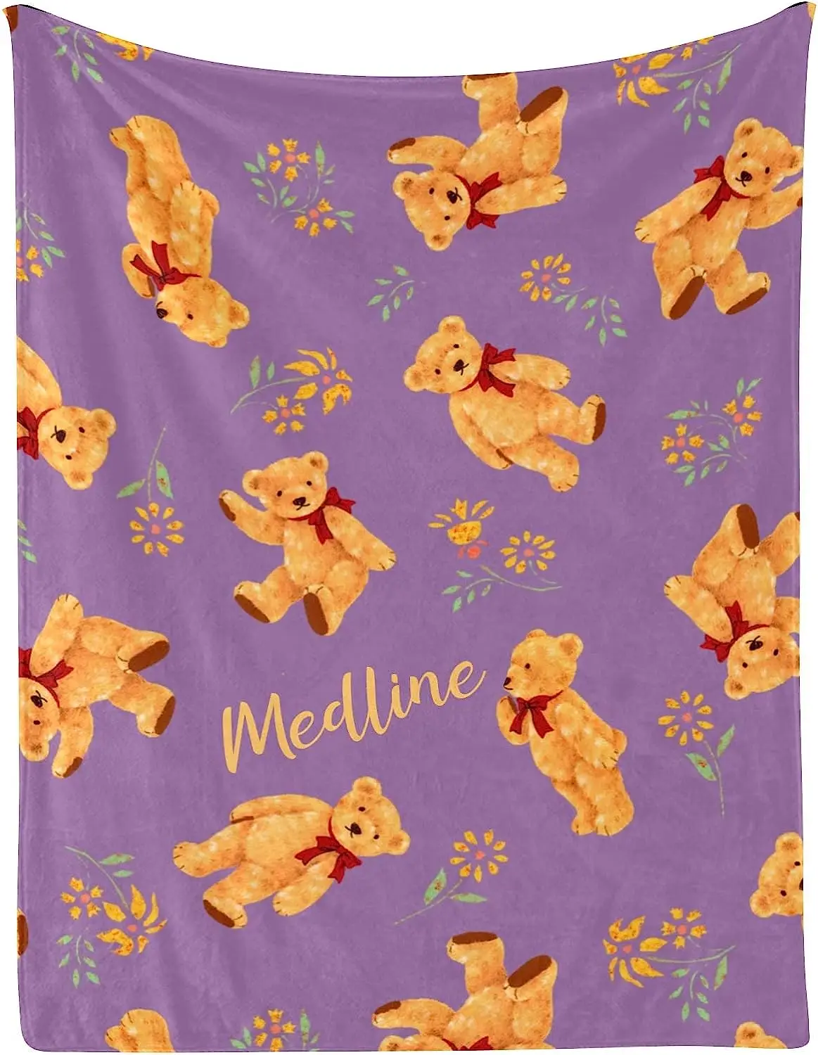 

Teddy Bear Purple Flower Personalized Kid Baby Blanket Customized 30 x 40 Inch Throw with Name Text for Girl Boy Baby