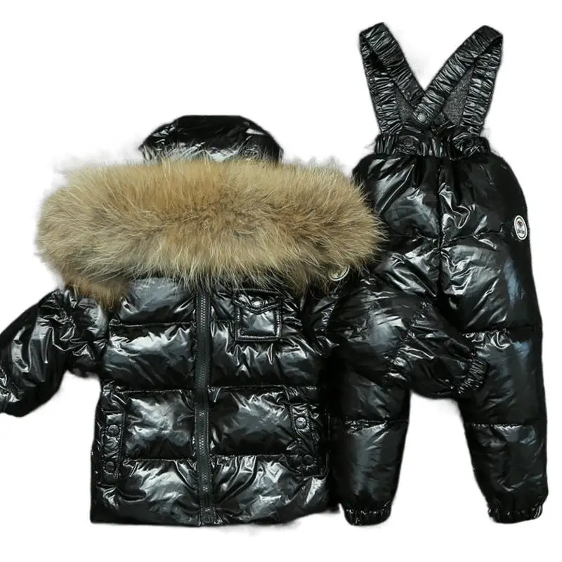 RAISE Winter Children Boy 2PCS Clothing Set Real Fur Waterproof Duck Down Jacket Snowsuit Kid Boy Skiny Sticker Overall Ski Suit