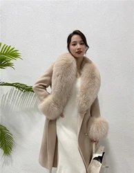 Furshehe 2024 Autumn Winter Women Real Fur Coat Cashmere Wool Blends With Detachable Fox Fur Collar Cuffs Ladies Slim Overcoat