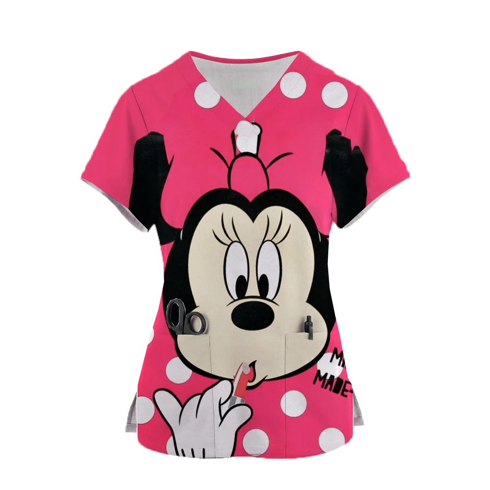 

Miniso Disney Mickey Mouse 3D Print Scrub Top Women Short Sleeve V-neck Tops Nurse Uniform Cartoon Working Blouse Ladies uniform