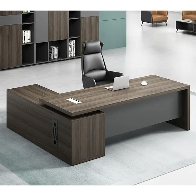 Luxury Modern L-Shaped Executive Office Desk Side Cabinet Wood Grain Commercial CEO Workstation Cable Management Large Desk