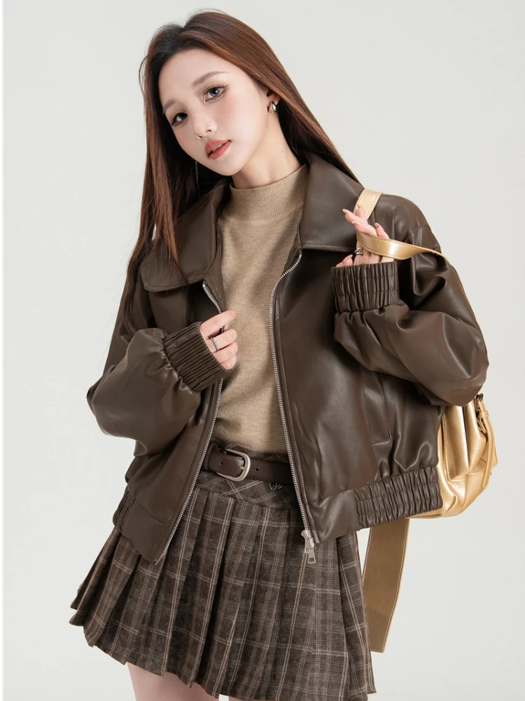 

Womens Pu Leather Jacket 2025 New Spring Autumn Short Bomber Jacket Fashion Design Motorcycle Style Outerwear Coat