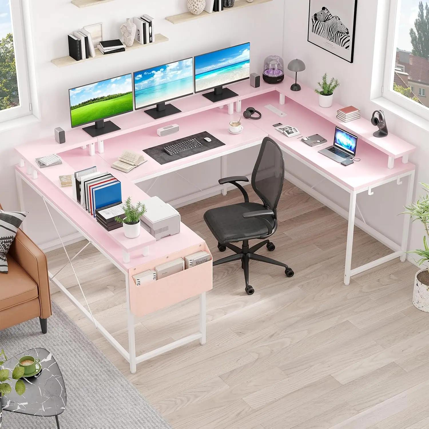 U Shaped Gaming Desk 126 Inch with Monitor Stand & LED Lights, Reversible Desk with Power Outlets Storage Hooks, Pink, Customize