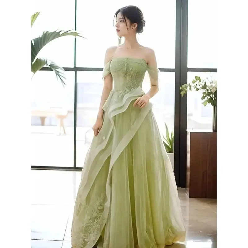 جديد العشب الأخضر قبالة الكتف طويل سيدة فتاة فستان وصيفة الشرف أداء الرقص فستان حفلة موسيقية