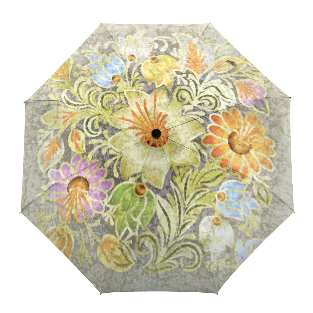 Flowers Pattern Retro Sunshade Parasol Umbrella Fully-automatic Eight Strands Foldable Rain Umbrella for Women Kids