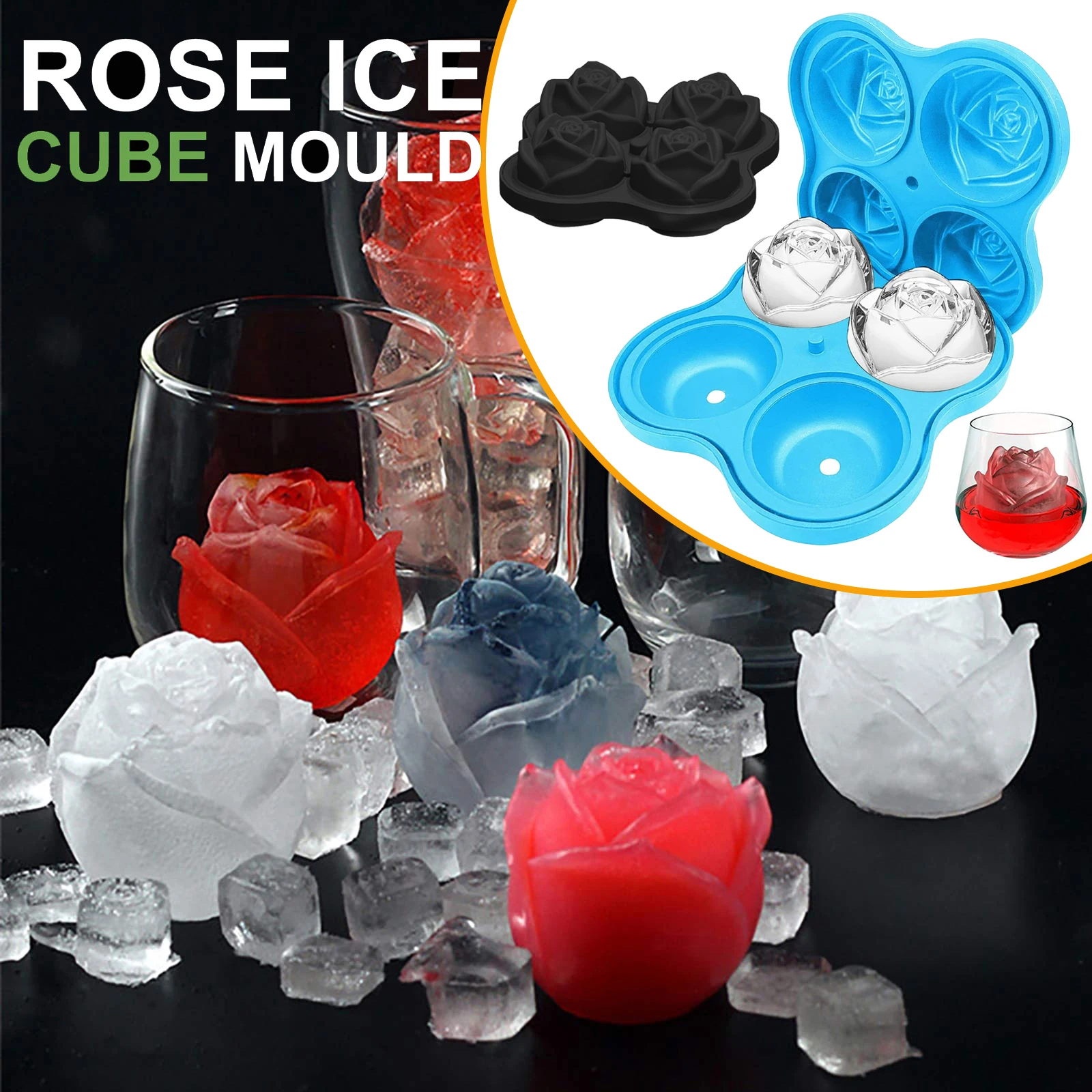 Rose-shaped Ice Mold 4-Grid Silicone Ice Cube Tray Flower Shape Ice Ball Maker Whiskey Sphere Summer Cooling Drink Wine