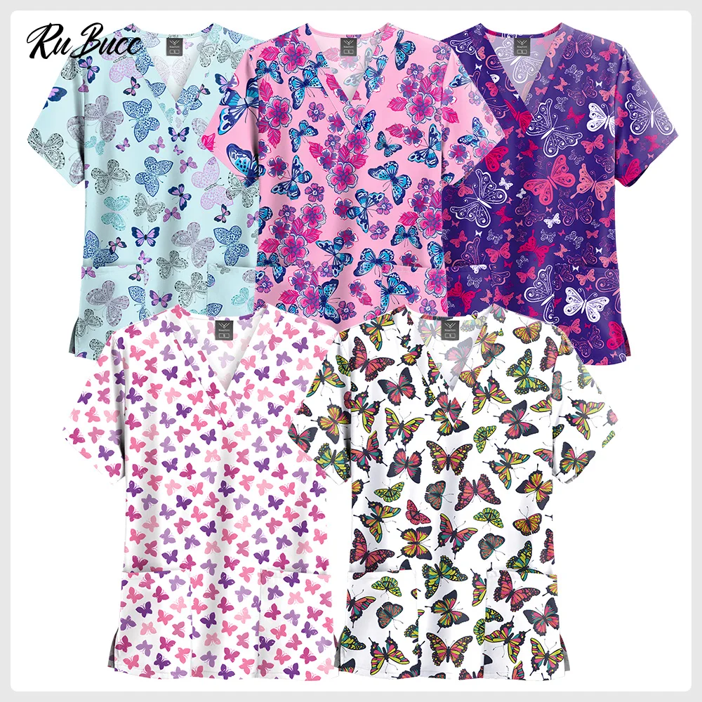 

Униформа для медсестер с бабочкой, рабочая одежда для клиники, медсестры, больничная футболка с коротким рукавом, медицинская блузка, рабочие топы для женщин