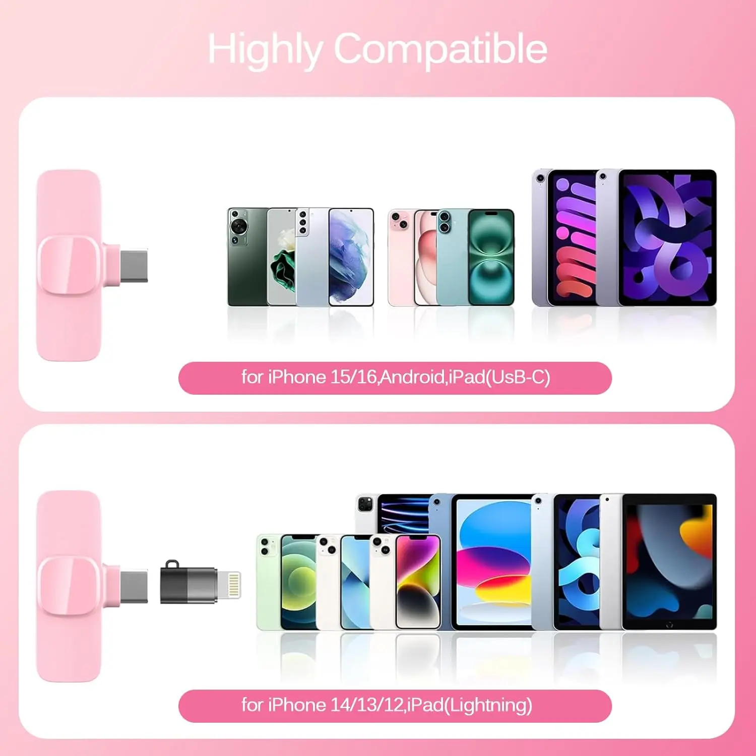 ميكروفون لاسلكي وردي اللون لطية صدر السترة لهاتف iPhone iPad ومدونات الفيديو وميكروفون لتسجيل الفيديو للمقابلة المباشرة وميكروفون بودكاست للفتيات