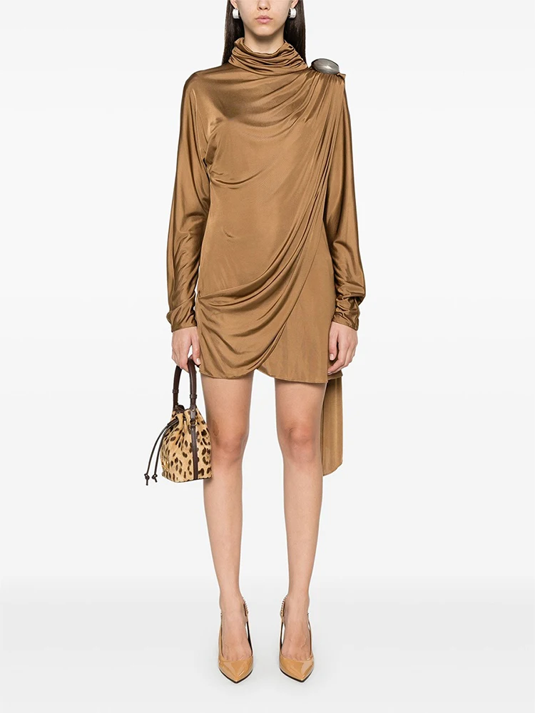 

SXTHAENOO однотонные лоскутные мини-платья с оборками для женщин, асимметричное утягивающее модное платье с воротником-стойкой и длинными рукавами, женское