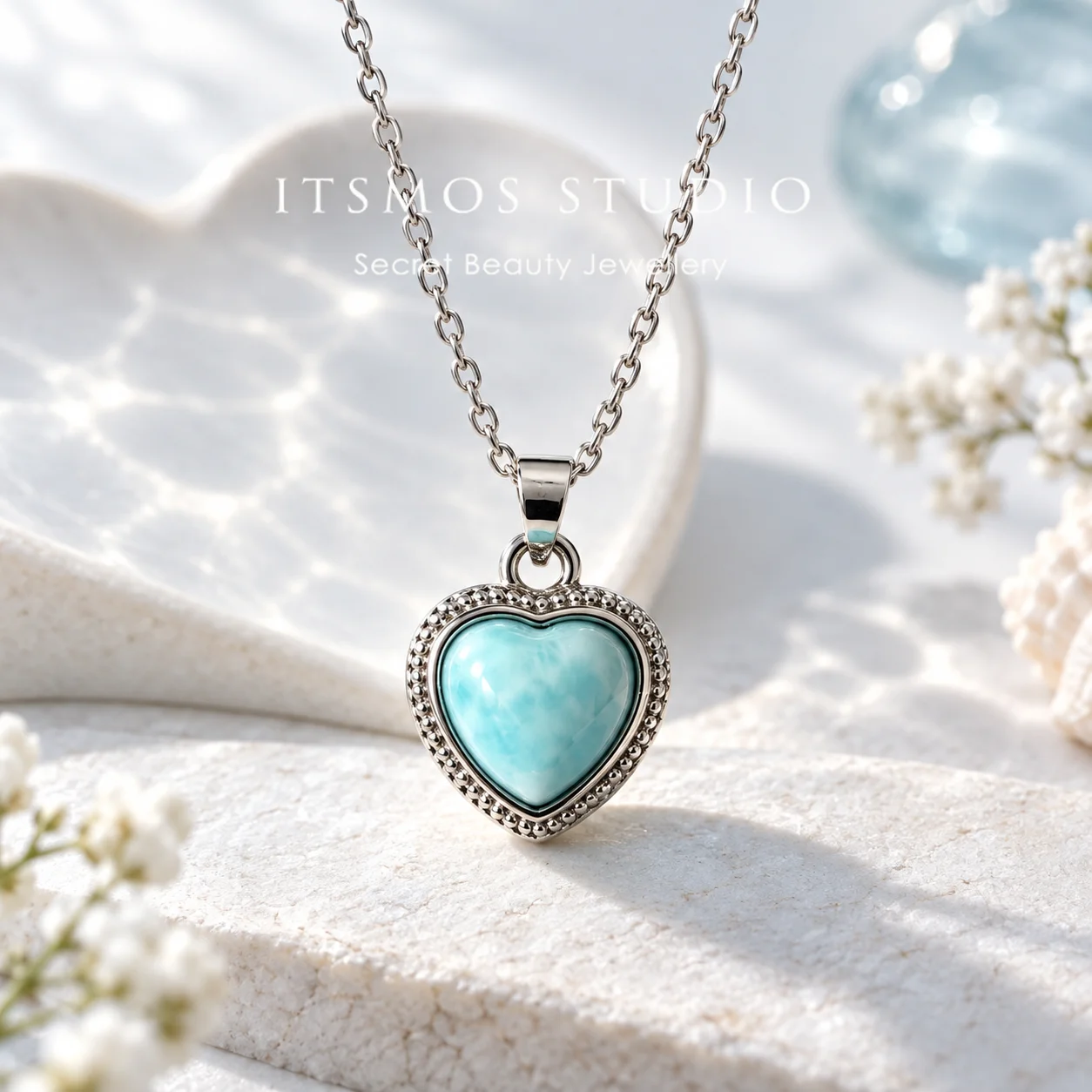 ITSMOS Larimar Heart Necklace Natural Blue Crystal Choker for Women Boho Healing Stone Jewelry Gift Birthday Valentine's