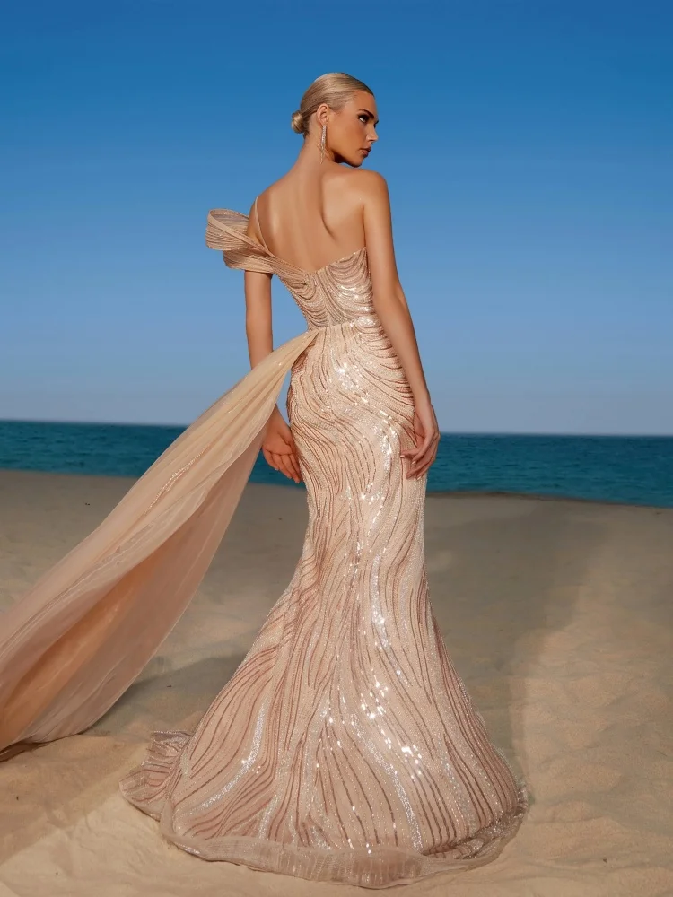 Fashion Sexy Beige One-Shoulder with Sequins & High Slit Maxi Dress for Date Night Dinner Gala Gown