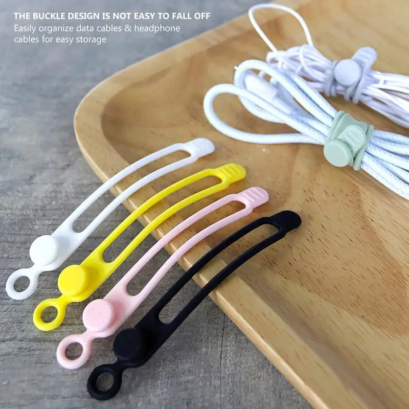 5 Pieces Cord Ties Silicone Cable Wire Ties Buckle Design Reusable Soft Data Cord Wraps For Earphone Wire USB Charging Cable