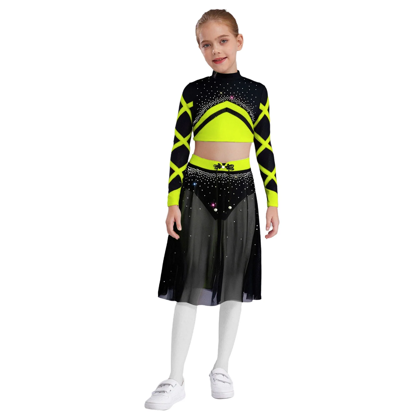 Crianças meninas strass brilhantes ginástica patinação artística ballet dança roupa desempenho traje colheita superior com saia lateral dividida