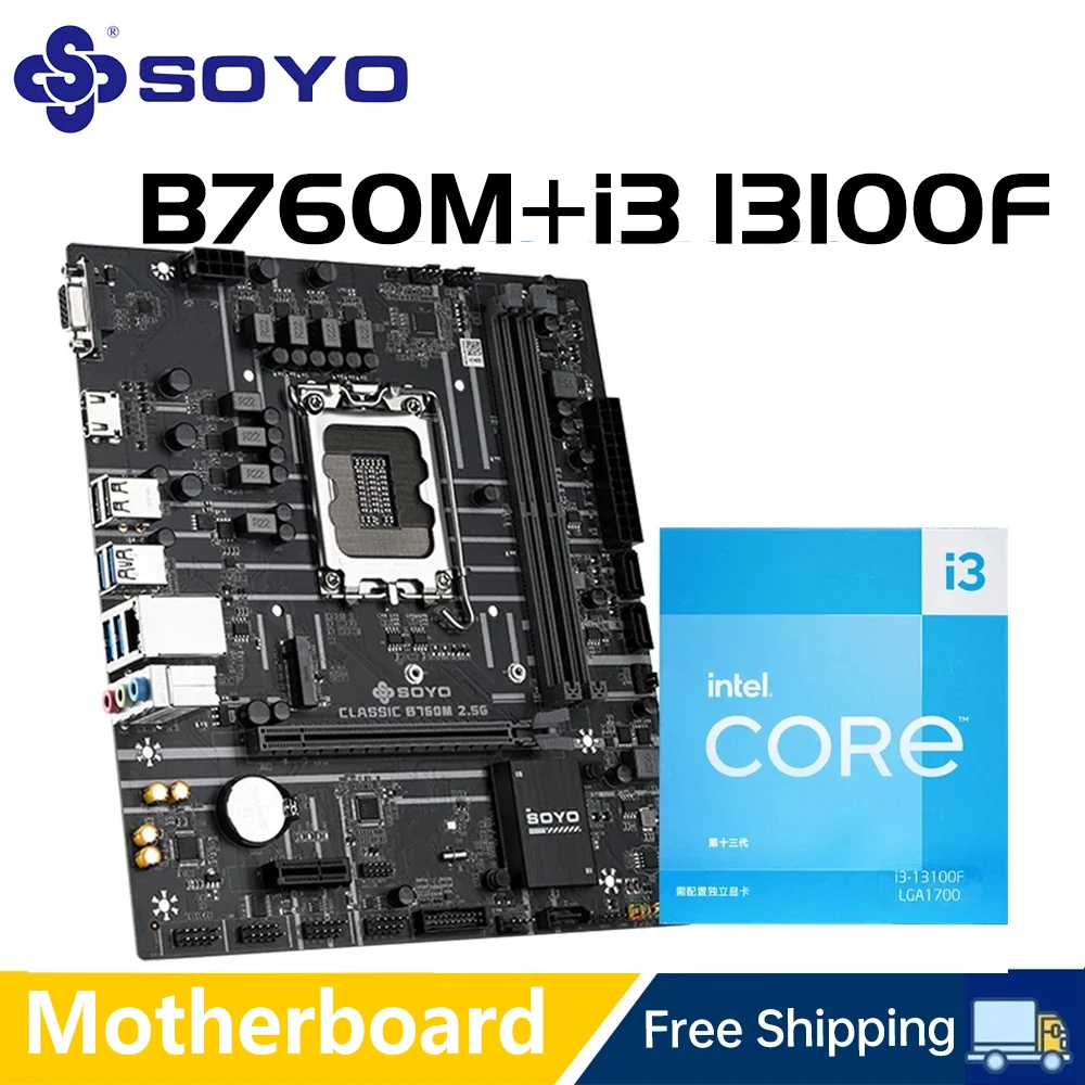 SOYO Classic B760M Motherboard with Intel Core i3 13100F CPU Processor Set Dual Channel DDR4 Gaming Motherboard for Desktop PC