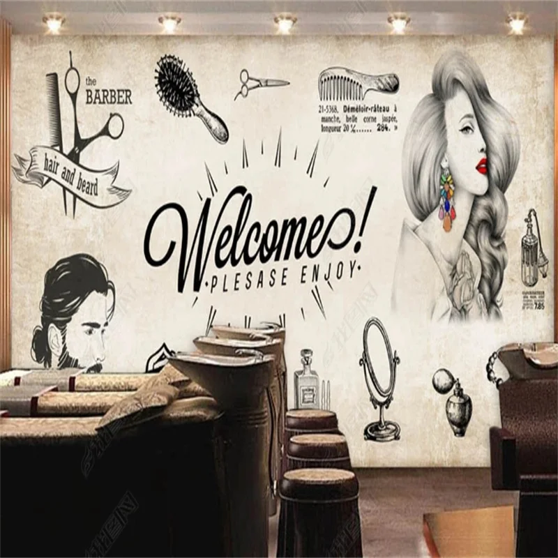 Custom Fashion Style Self-adhesive Wallpaper Barber Shop Hair Salon Wall Mural Industrial Decor Fresco Peel and Stick Wall Paper