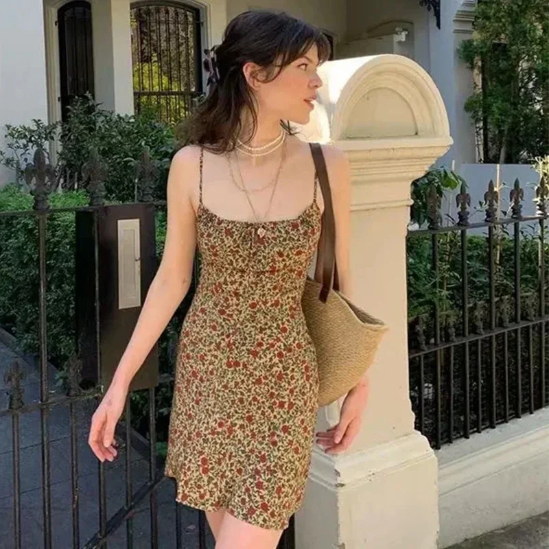 Strap Sleeveless Print Boho Summer Dress Short Women Green Floral Dresses Sundress Vintage French Style Dress Y2k Femme Vestidos