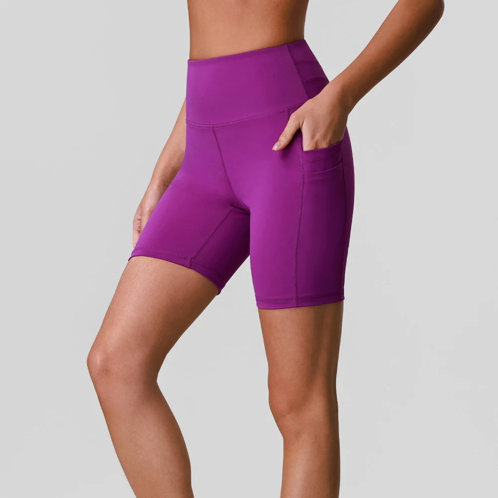 High Waist Yoga Shorts with Pocket Women Sportswear Running Sport Short Pants Female Gym Fitness Workout Short Leggings Purple