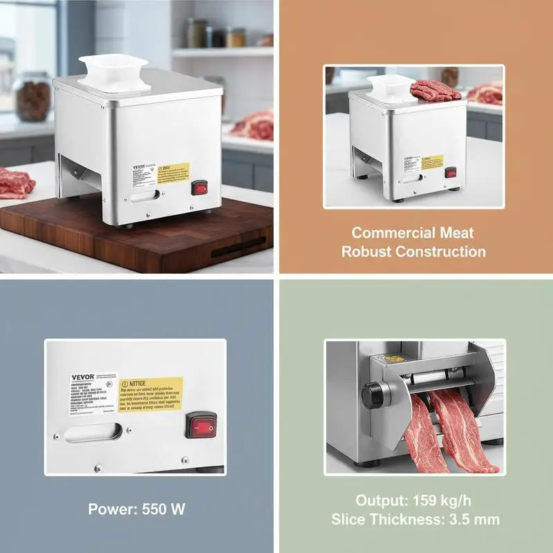 Trancheuse à viande, 550 W, 159 kg/h, trancheuse à viande professionnelle en acier inoxydable (épaisseur 3,5 mm), trancheuse électrique pour restaurants et supermarchés