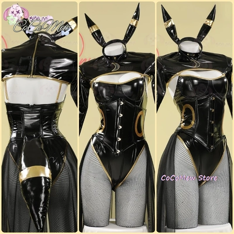 Disfraz de Anime Umbreon Bunny para mujer, Mono de cuero Sexy Kawaii, calcetines, diadema, mono de abeja pequeña, ropa de Halloween