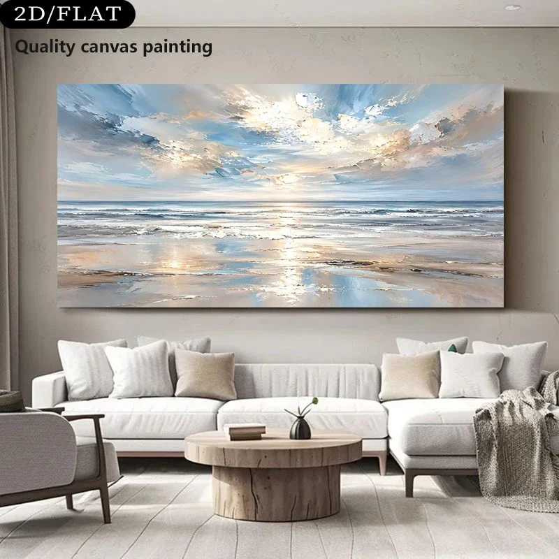 Frameless Canvas PaintingPanoramic Beach Horizon Canvas Art, Coastal Sunset Seascape Print, Canvas Poster, Modern Home Living Ro