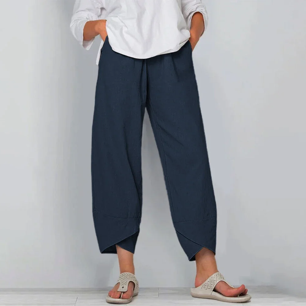 Ladies Solid Linen Loose Cropped Pants Elastic High Waist Irregular Hem Trousers Women Casual Summer Streetwear Cropped Pants